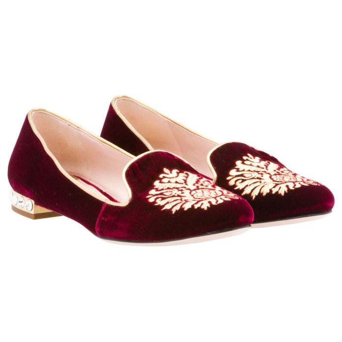 Miu Miu Embroidered Red Velvet Flat Slippers
