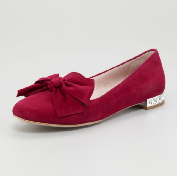 Miu Miu Red Suede Jewel Heel Flat Shoes
